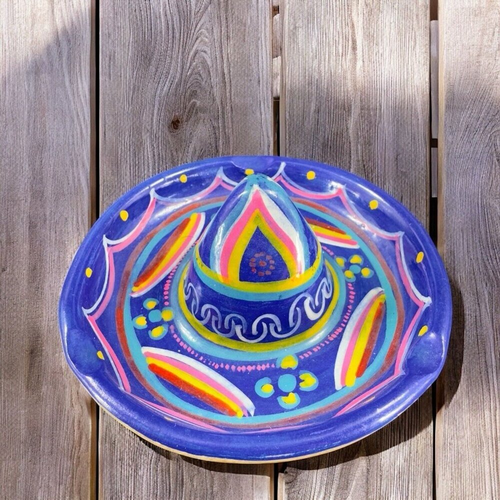 Mexico Hand Painted Dish Ashtray Trinket Holder Hat Shaped Folk Art Decorative